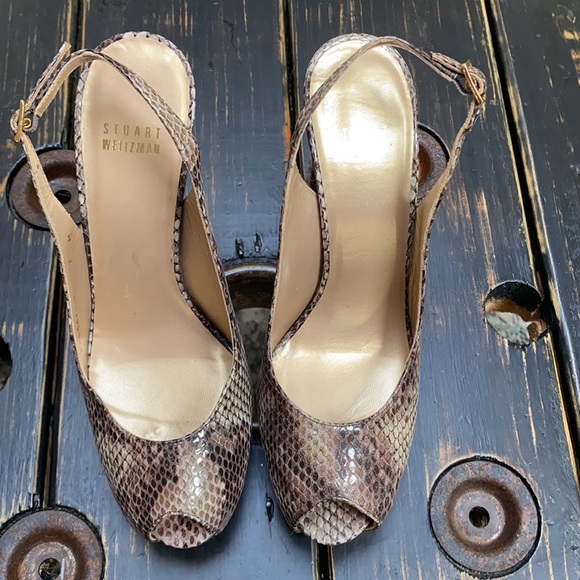 Stuart Weitzman Snakeskin Platform Peeptoe Heels - Picture 2 of 9